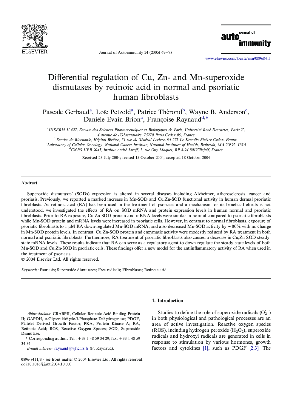 Differential regulation of Cu, Zn- and Mn-superoxide dismutases by retinoic acid in normal and psoriatic human fibroblasts