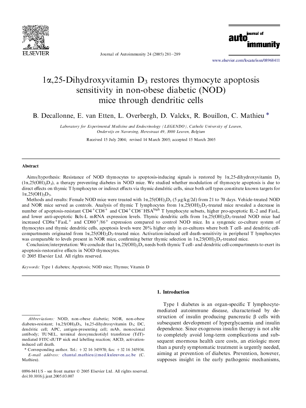 1Î±,25-Dihydroxyvitamin D3 restores thymocyte apoptosis sensitivity in non-obese diabetic (NOD) mice through dendritic cells