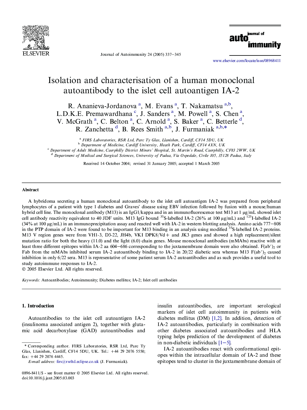 Isolation and characterisation of a human monoclonal autoantibody to the islet cell autoantigen IA-2