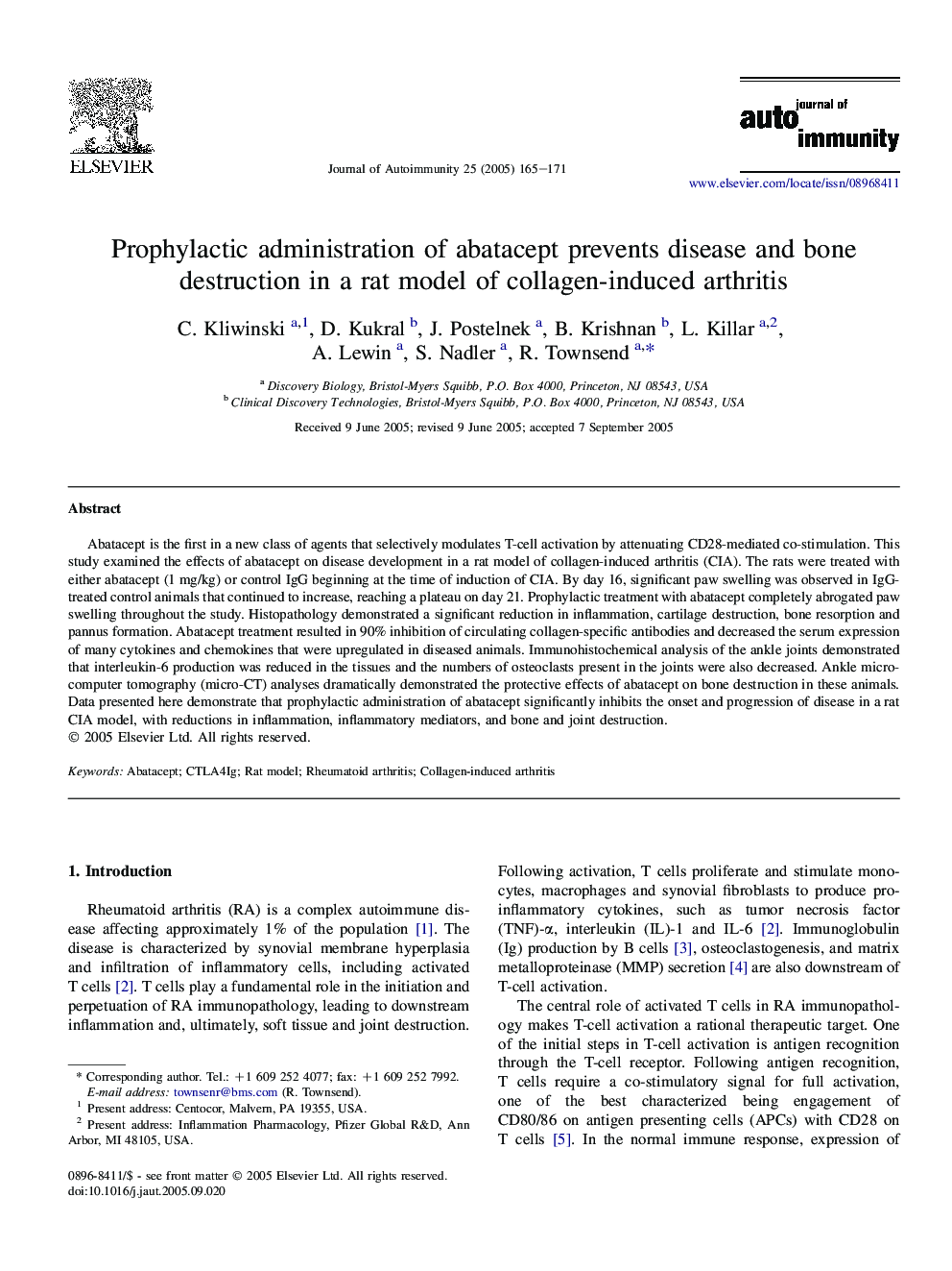 Prophylactic administration of abatacept prevents disease and bone destruction in a rat model of collagen-induced arthritis