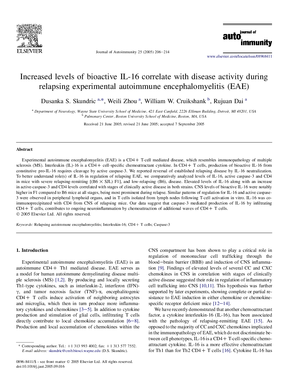 Increased levels of bioactive IL-16 correlate with disease activity during relapsing experimental autoimmune encephalomyelitis (EAE)