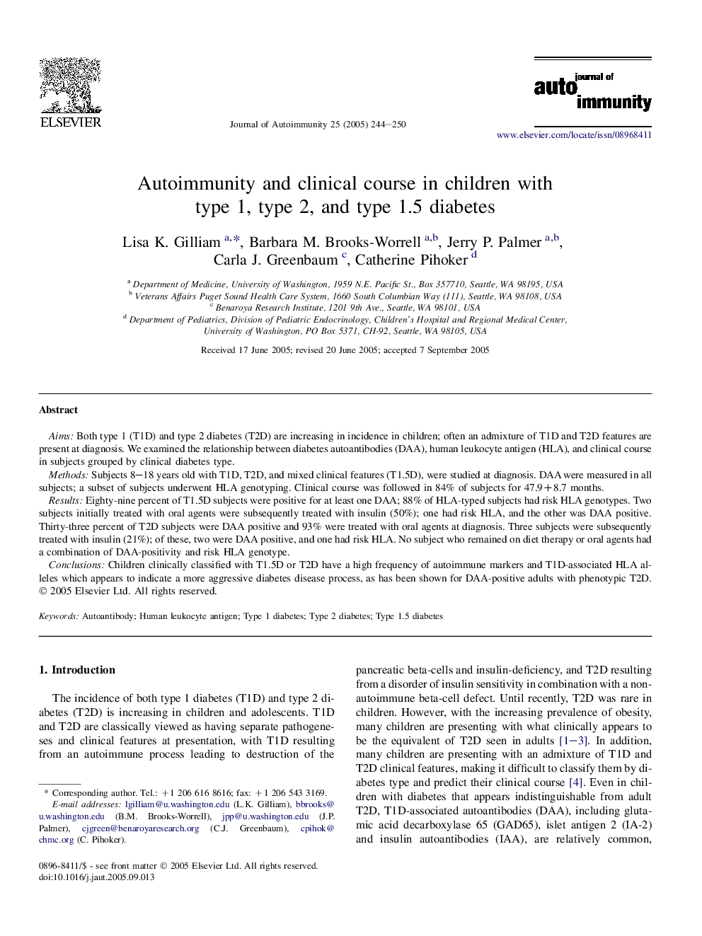 Autoimmunity and clinical course in children with type 1, type 2, and type 1.5 diabetes