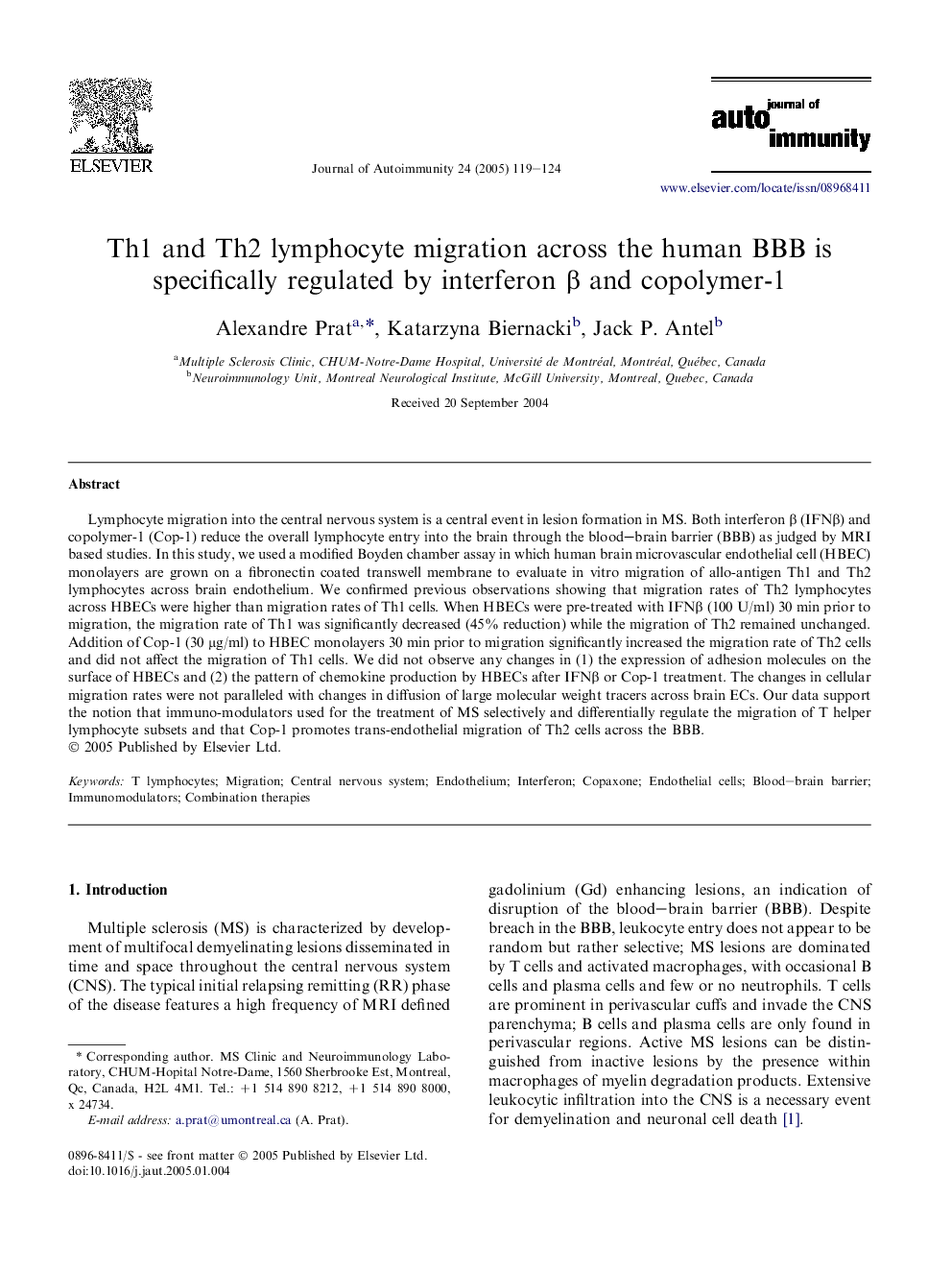 Th1 and Th2 lymphocyte migration across the human BBB is specifically regulated by interferon Î² and copolymer-1