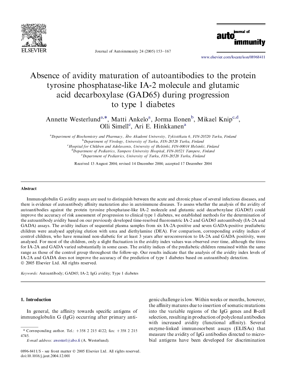 Absence of avidity maturation of autoantibodies to the protein tyrosine phosphatase-like IA-2 molecule and glutamic acid decarboxylase (GAD65) during progression to type 1 diabetes