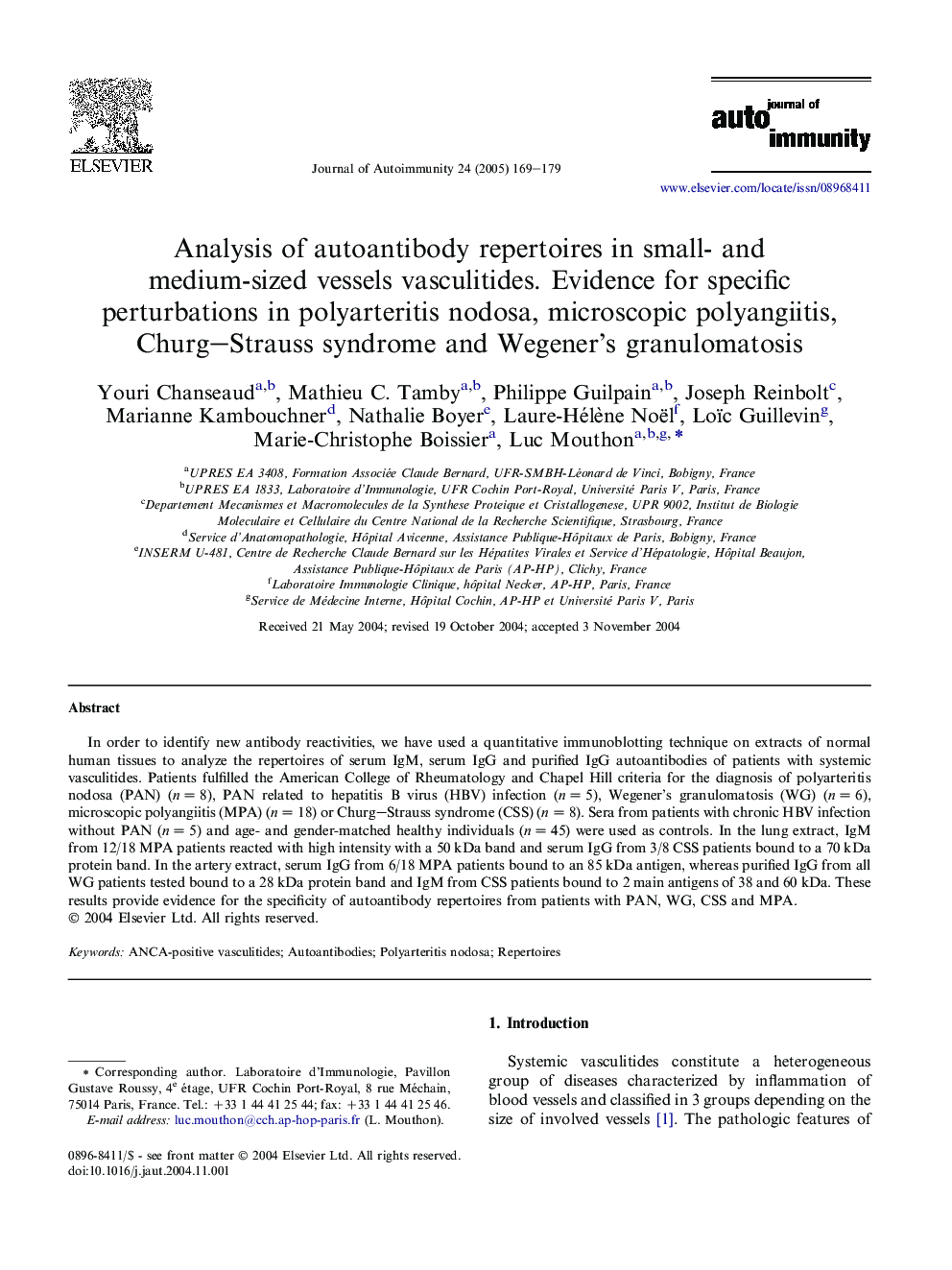 Analysis of autoantibody repertoires in small- and medium-sized vessels vasculitides. Evidence for specific perturbations in polyarteritis nodosa, microscopic polyangiitis, Churg-Strauss syndrome and Wegener's granulomatosis