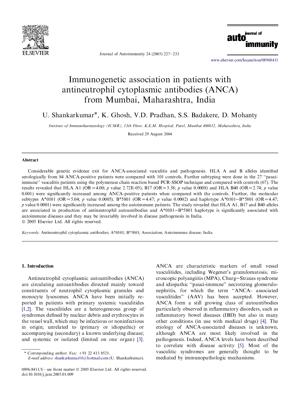 Immunogenetic association in patients with antineutrophil cytoplasmic antibodies (ANCA) from Mumbai, Maharashtra, India