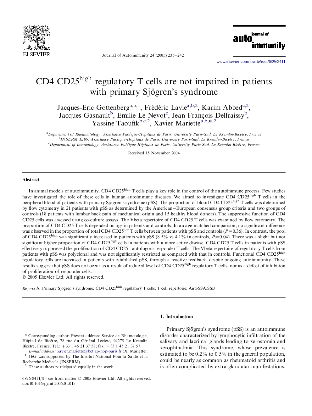 CD4 CD25high regulatory T cells are not impaired in patients with primary Sjögren's syndrome