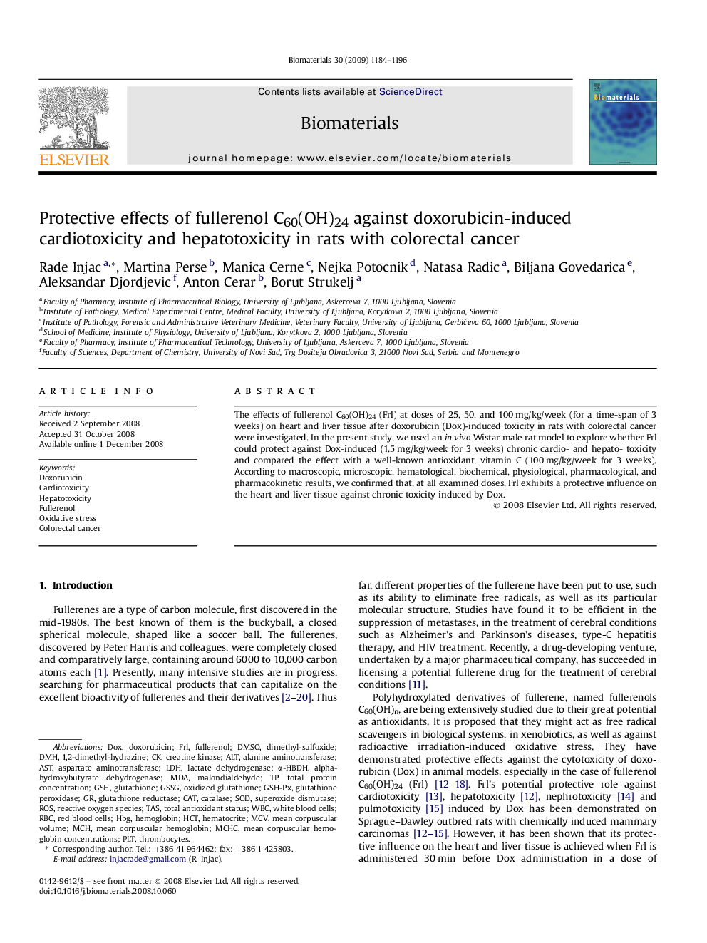 Protective effects of fullerenol C60(OH)24 against doxorubicin-induced cardiotoxicity and hepatotoxicity in rats with colorectal cancer