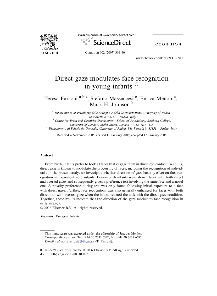 Direct gaze modulates face recognition in young infants 