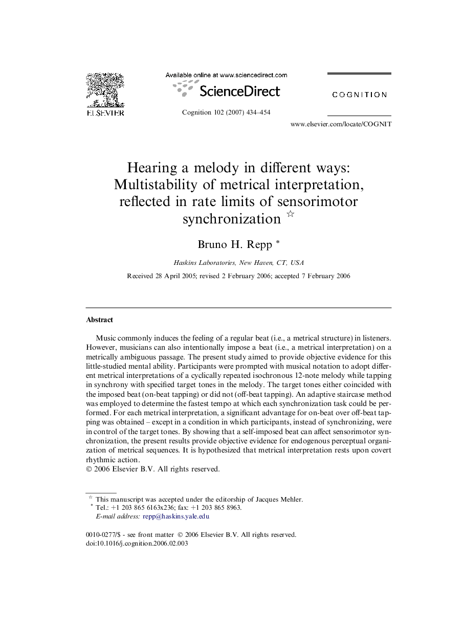 Hearing a melody in different ways: Multistability of metrical interpretation, reflected in rate limits of sensorimotor synchronization 