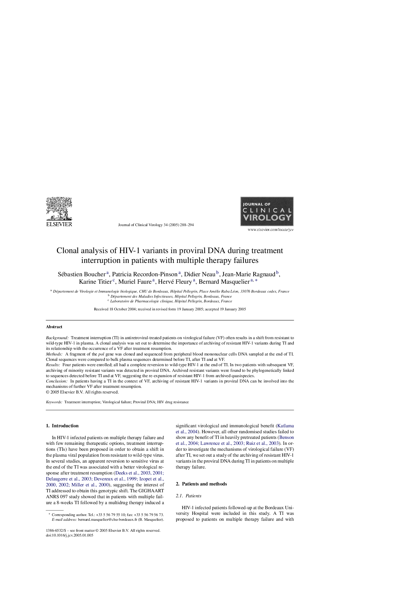 Clonal analysis of HIV-1 variants in proviral DNA during treatment interruption in patients with multiple therapy failures