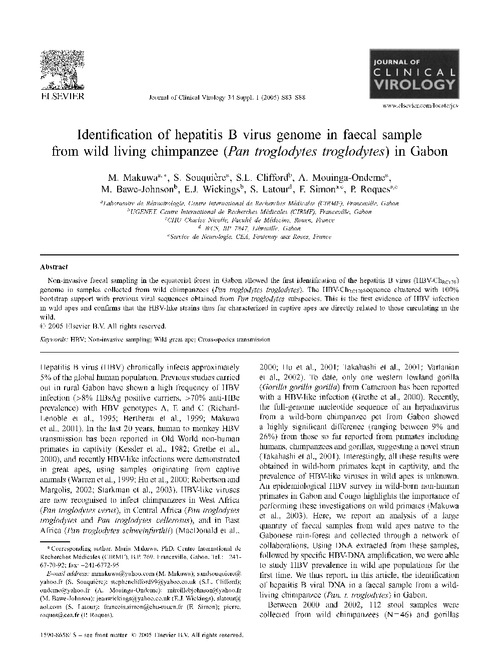Identification of hepatitis B virus genome in faecal sample from wild living chimpanzee (Pan troglodytes troglodytes) in Gabon