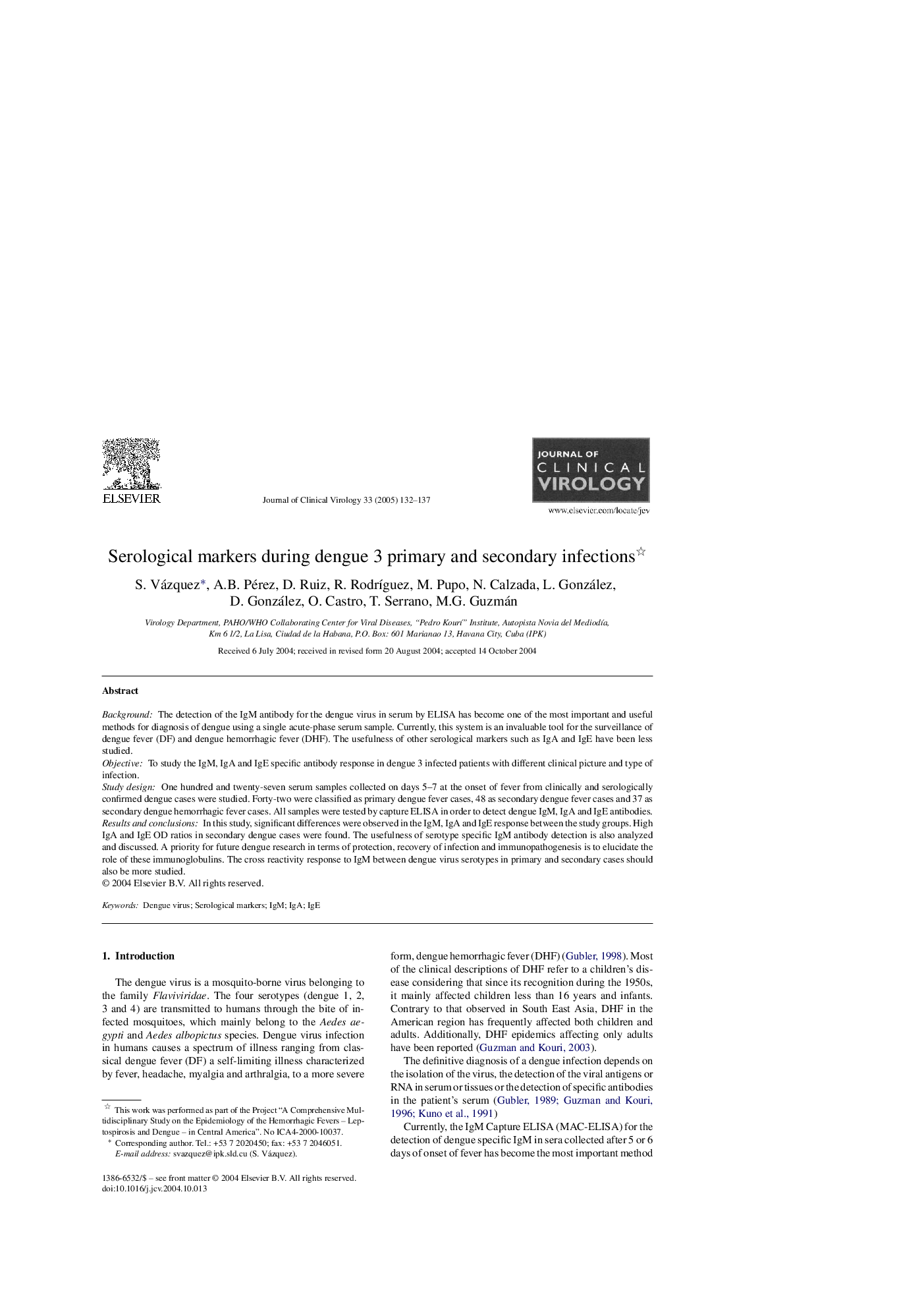 Serological markers during dengue 3 primary and secondary infections