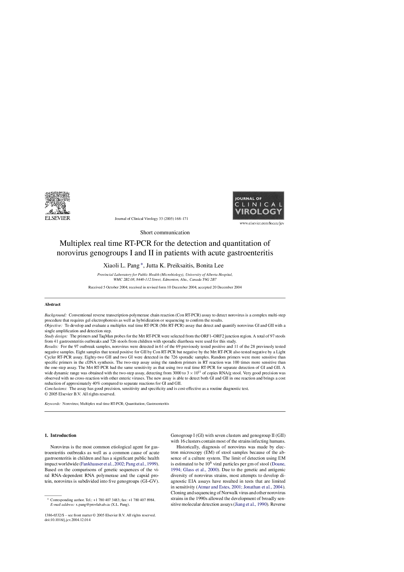 Multiplex real time RT-PCR for the detection and quantitation of norovirus genogroups I and II in patients with acute gastroenteritis