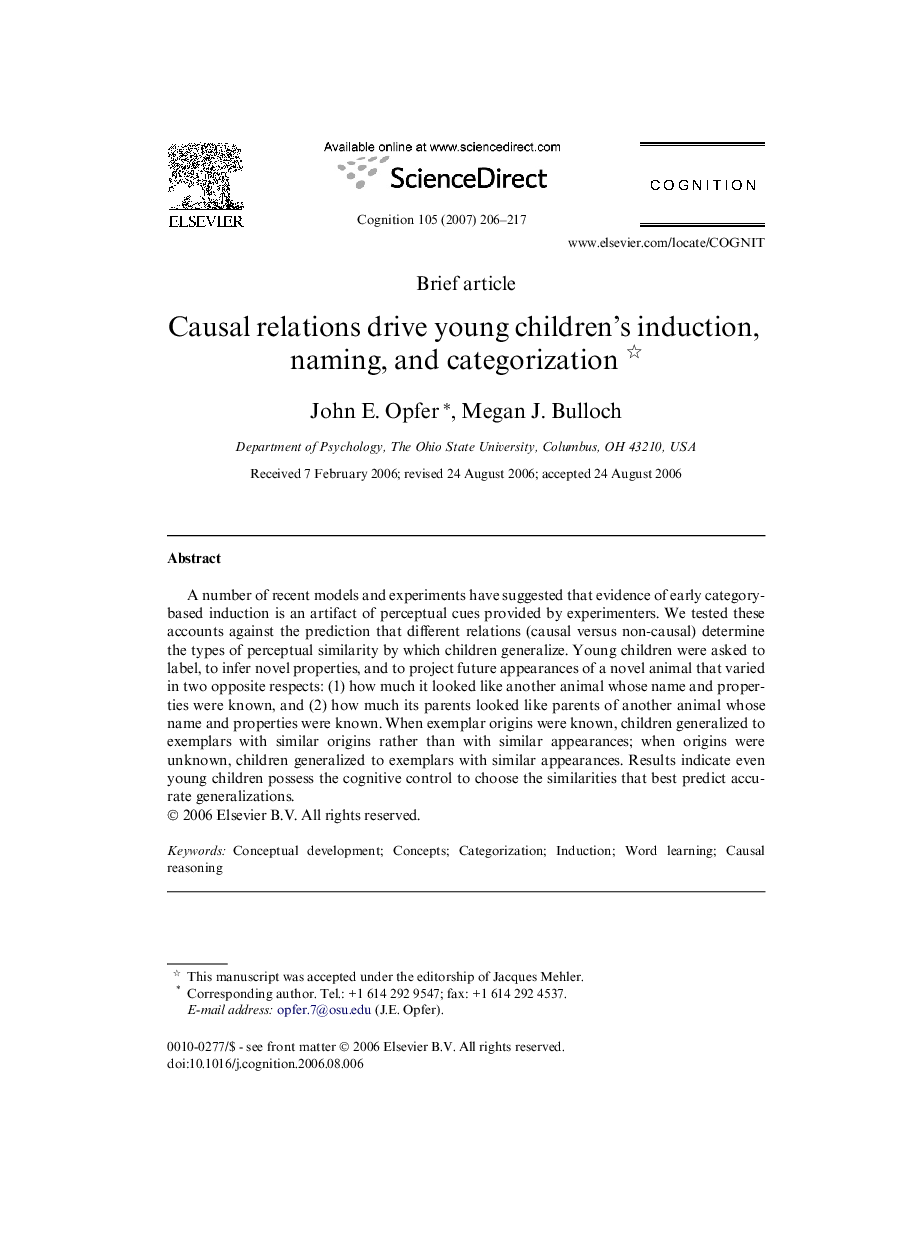 Causal relations drive young children’s induction, naming, and categorization 