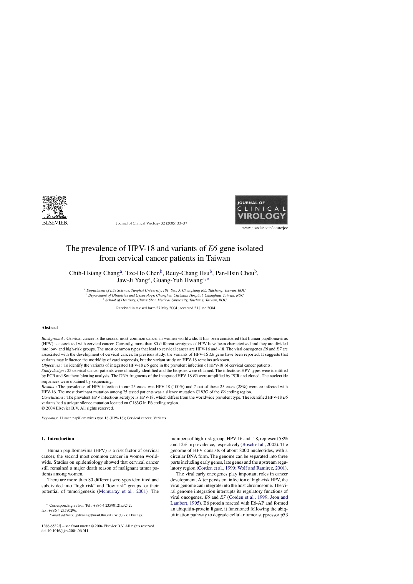 The prevalence of HPV-18 and variants of E6 gene isolated from cervical cancer patients in Taiwan