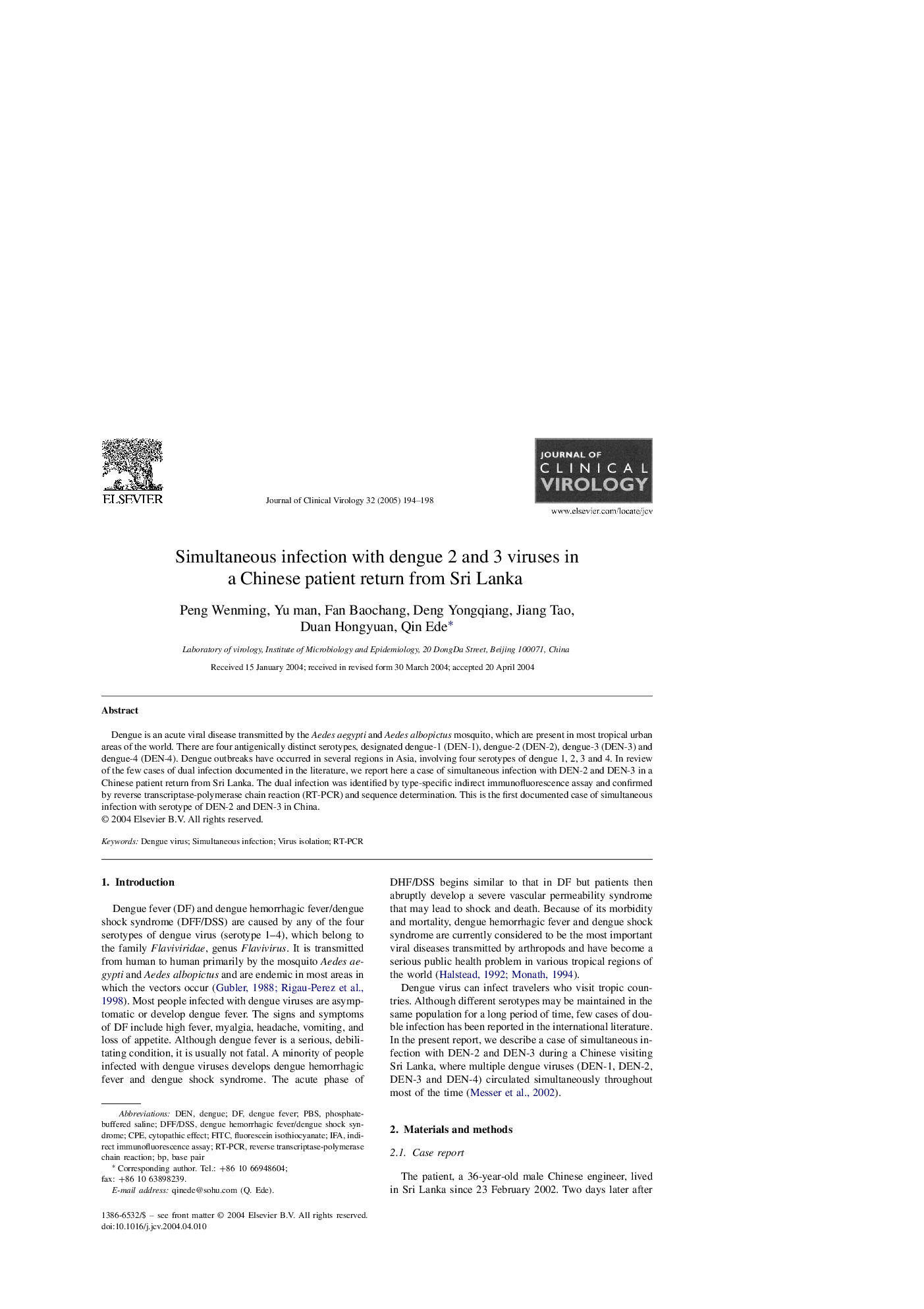 Simultaneous infection with dengue 2 and 3 viruses in a Chinese patient return from Sri Lanka