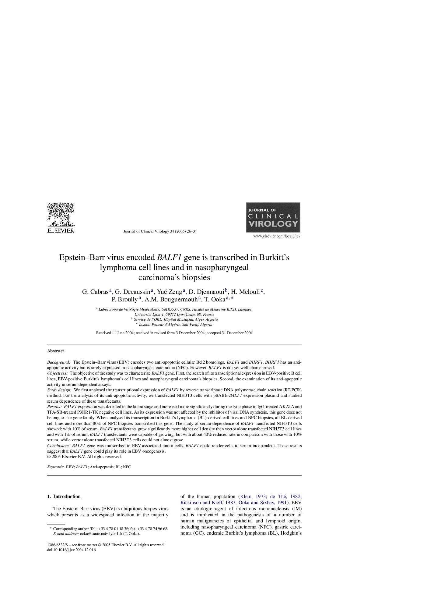 Epstein-Barr virus encoded BALF1 gene is transcribed in Burkitt's lymphoma cell lines and in nasopharyngeal carcinoma's biopsies