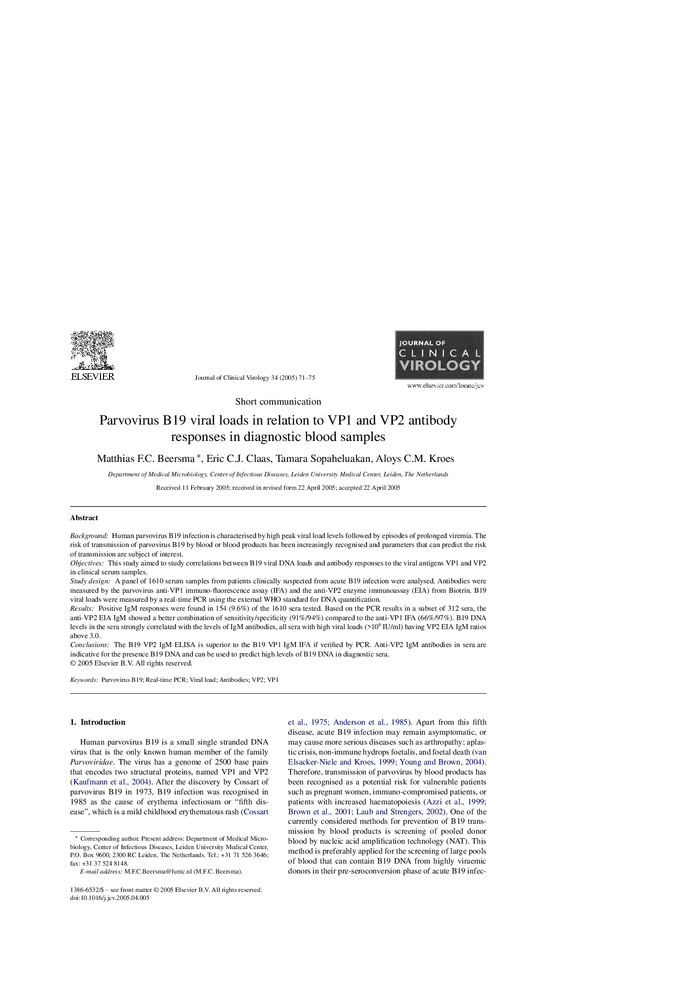 Parvovirus B19 viral loads in relation to VP1 and VP2 antibody responses in diagnostic blood samples