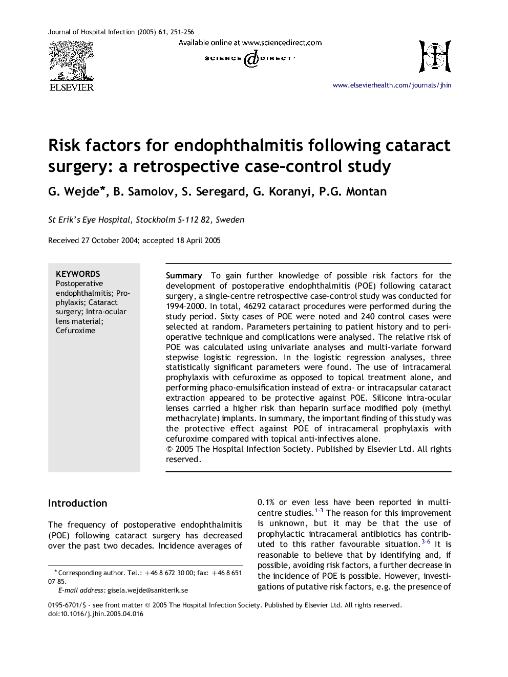 Risk factors for endophthalmitis following cataract surgery: a retrospective case-control study