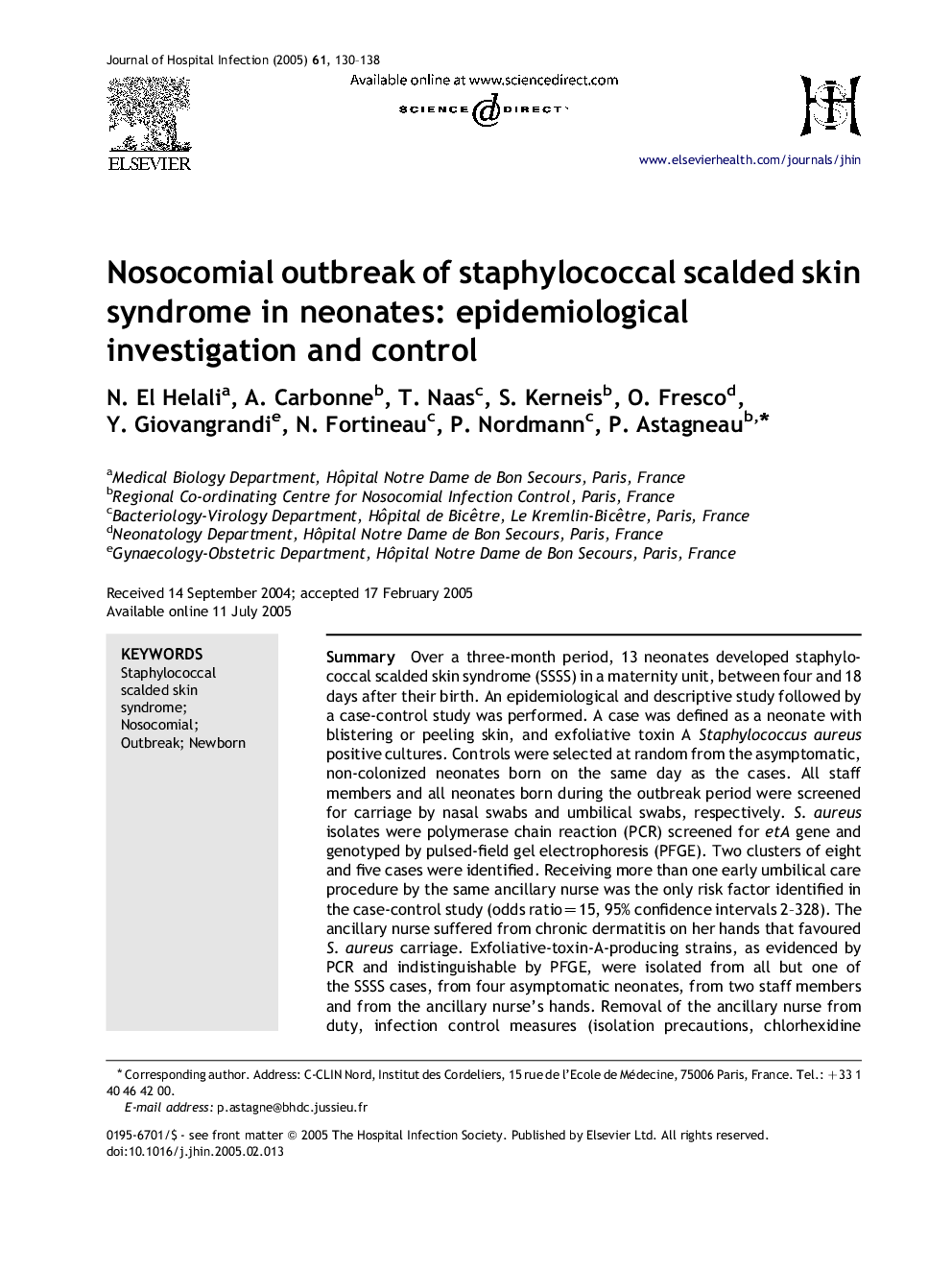 Nosocomial outbreak of staphylococcal scalded skin syndrome in neonates: epidemiological investigation and control