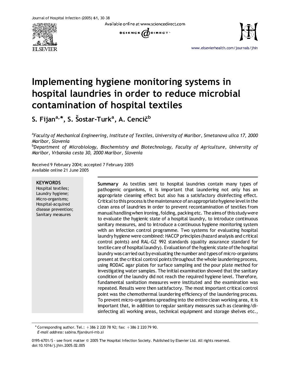 Implementing hygiene monitoring systems in hospital laundries in order to reduce microbial contamination of hospital textiles