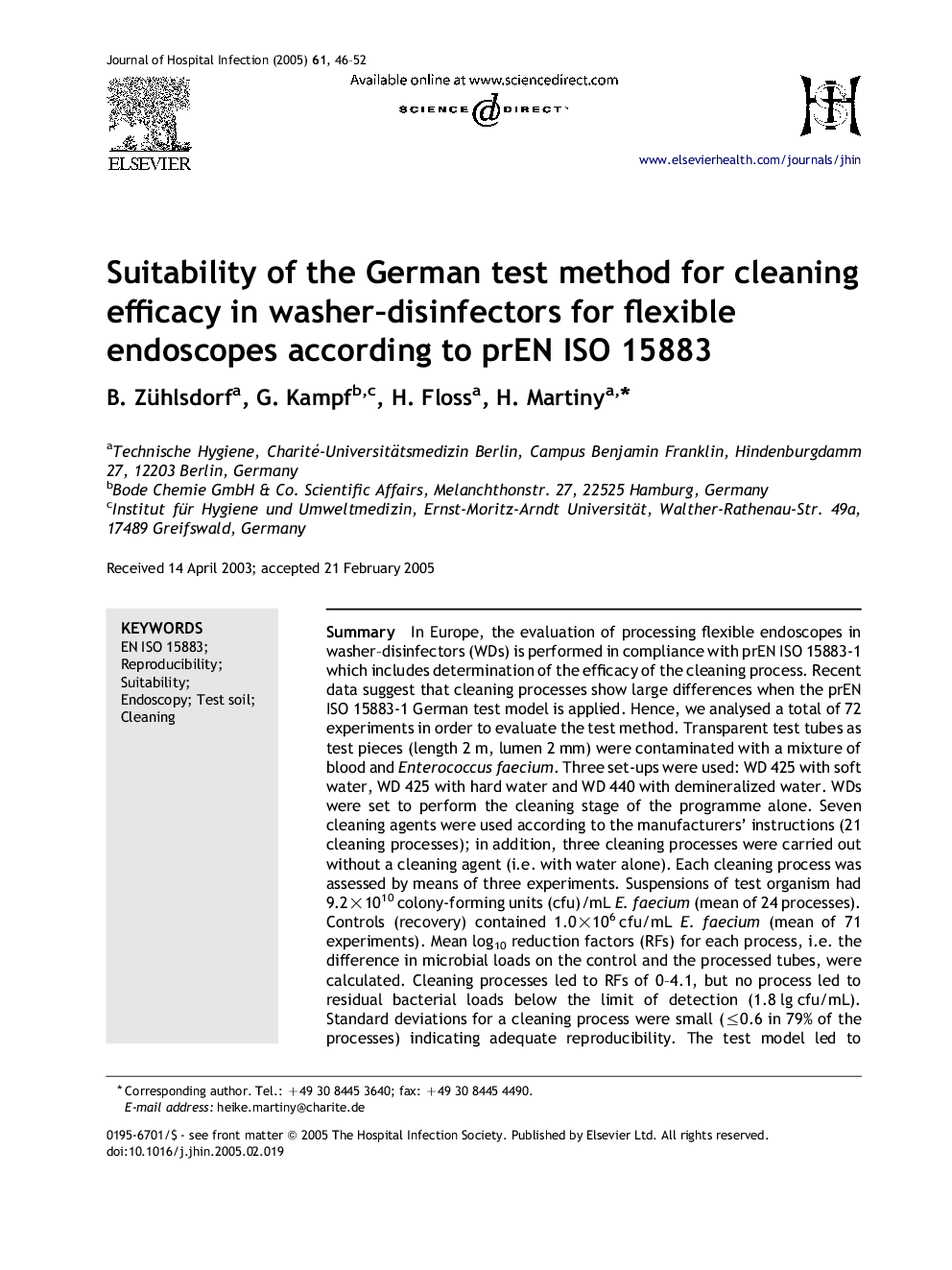 Suitability of the German test method for cleaning efficacy in washer-disinfectors for flexible endoscopes according to prEN ISO 15883