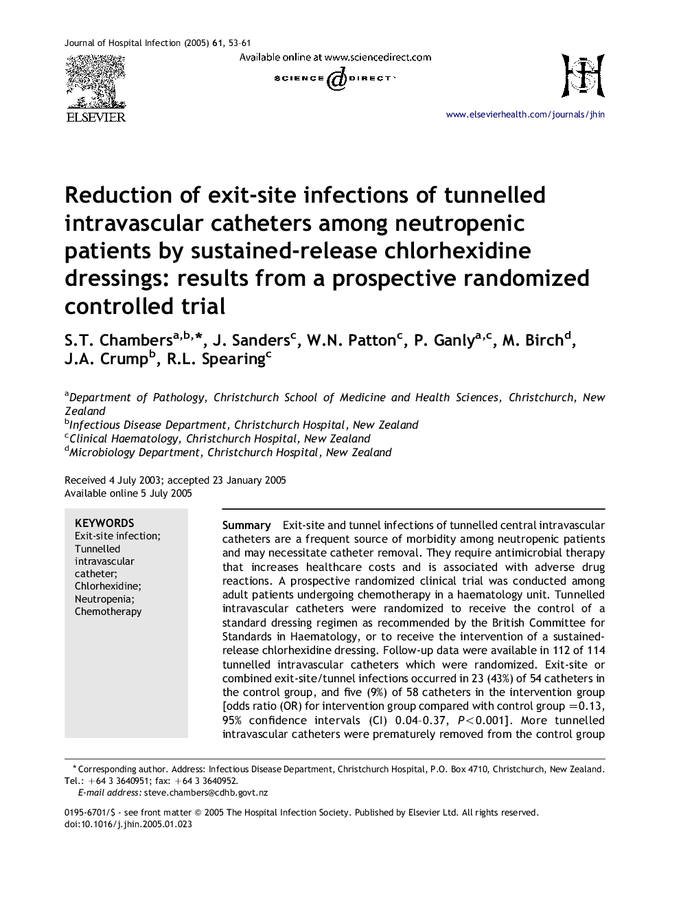 Reduction of exit-site infections of tunnelled intravascular catheters among neutropenic patients by sustained-release chlorhexidine dressings: results from a prospective randomized controlled trial