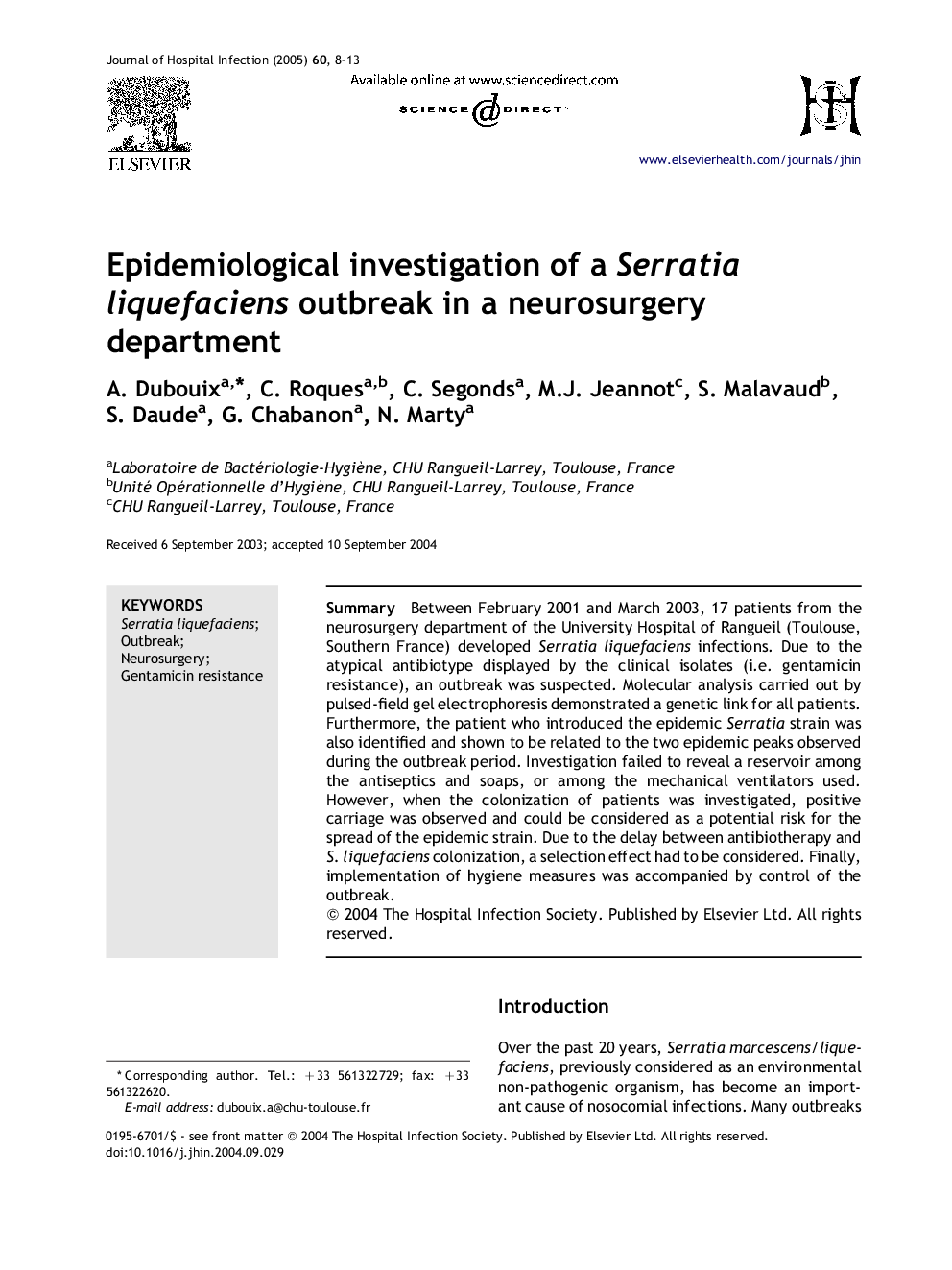 Epidemiological investigation of a Serratia liquefaciens outbreak in a neurosurgery department