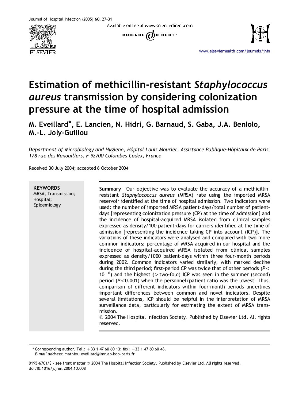 Estimation of methicillin-resistant Staphylococcus aureus transmission by considering colonization pressure at the time of hospital admission