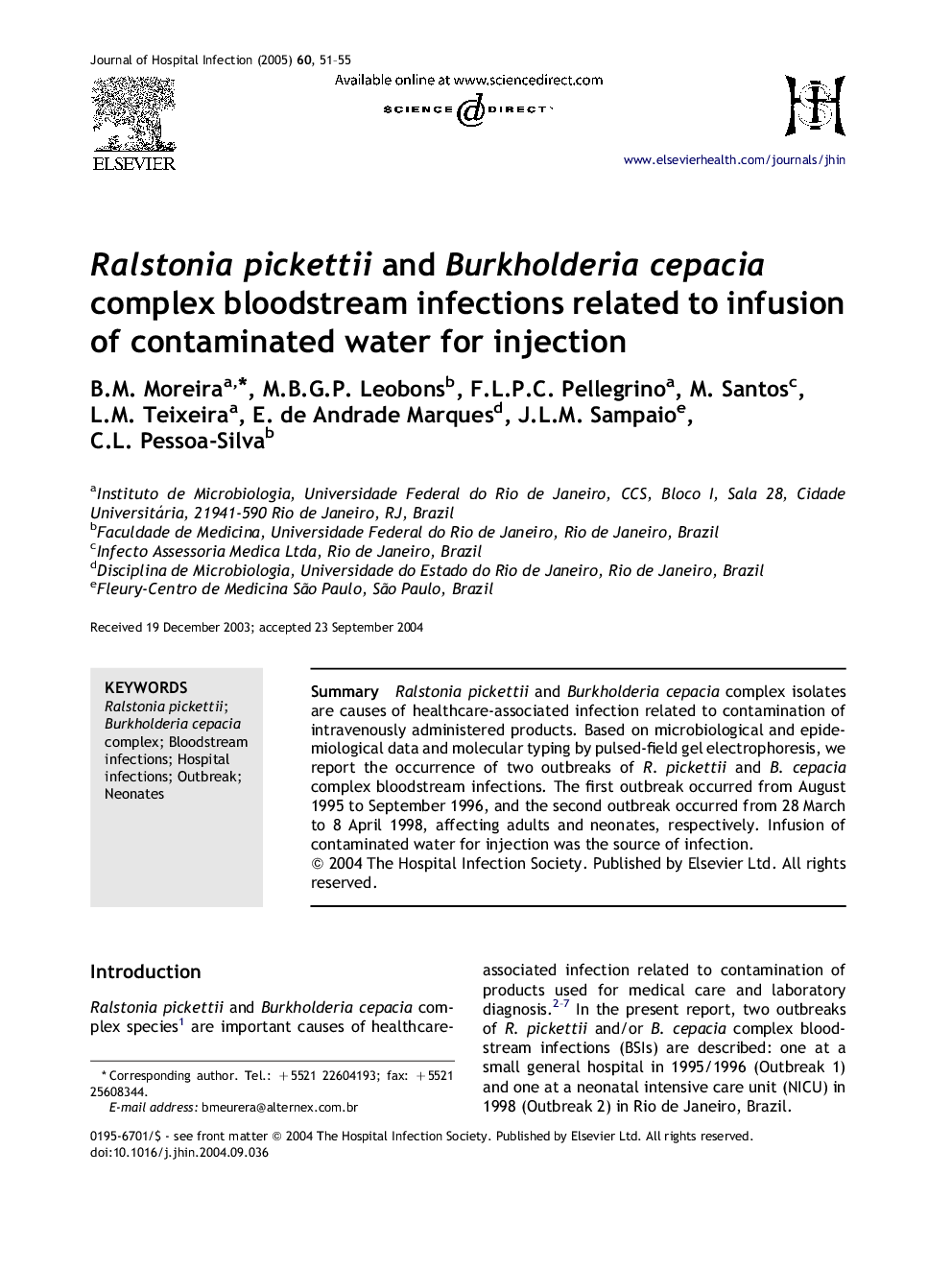 Ralstonia pickettii and Burkholderia cepacia complex bloodstream infections related to infusion of contaminated water for injection