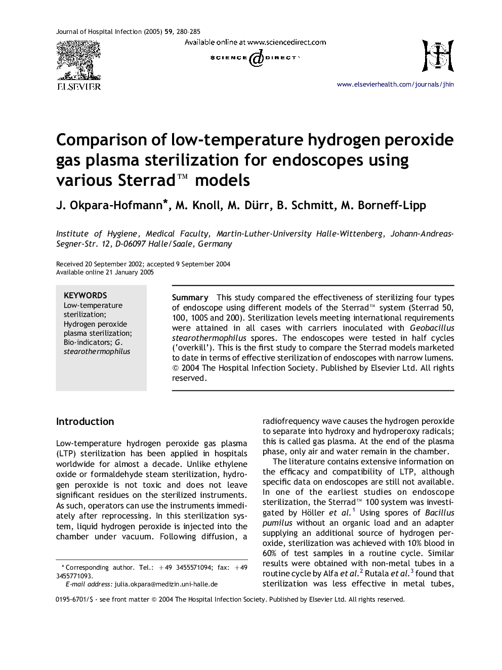 Comparison of low-temperature hydrogen peroxide gas plasma sterilization for endoscopes using various Sterradâ¢ models
