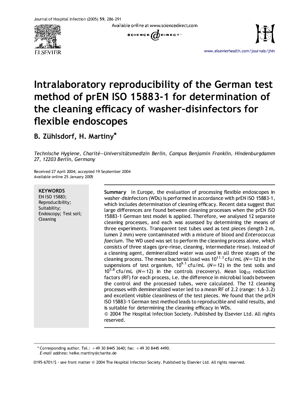 Intralaboratory reproducibility of the German test method of prEN ISO 15883-1 for determination of the cleaning efficacy of washer-disinfectors for flexible endoscopes