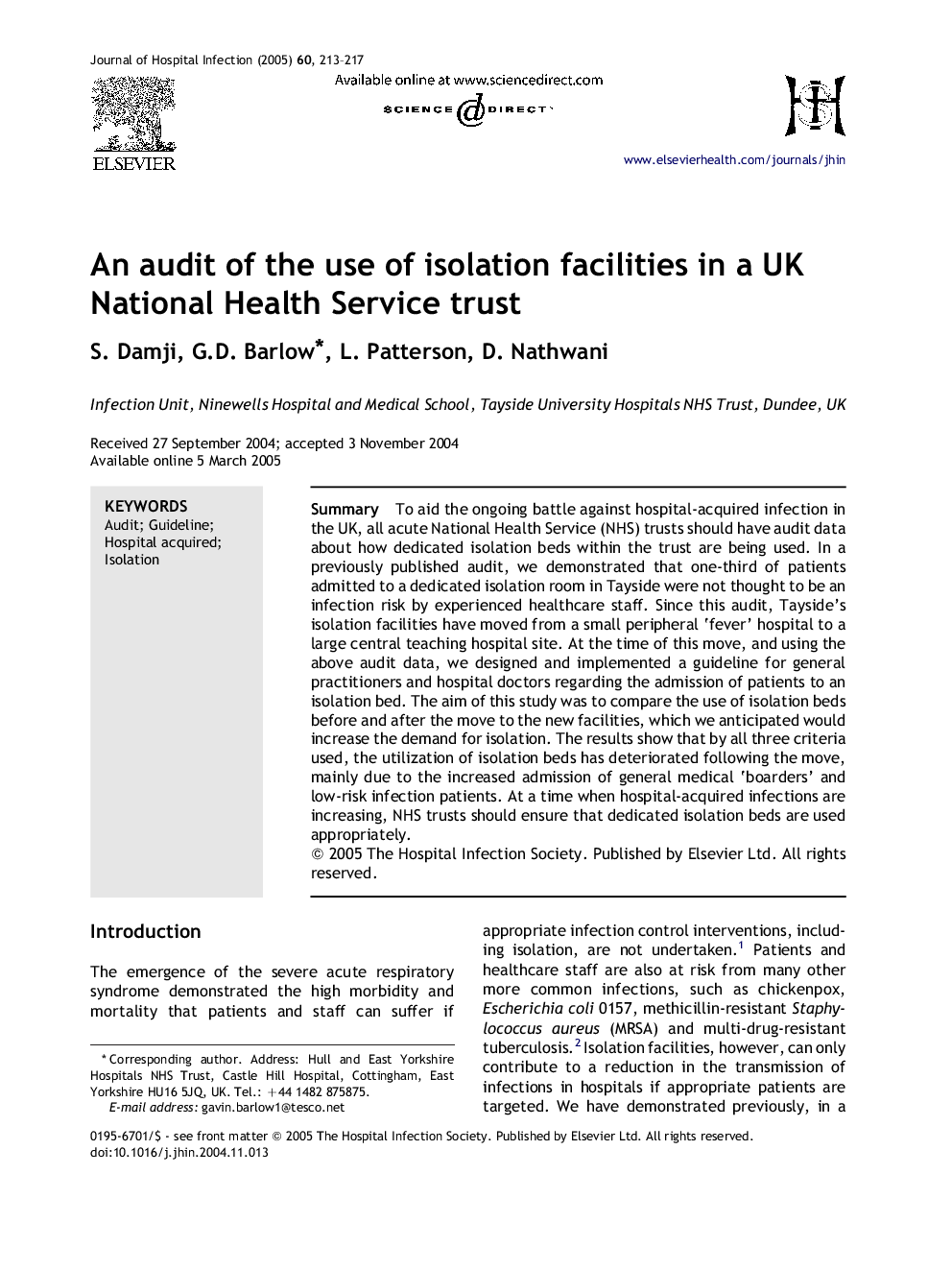 An audit of the use of isolation facilities in a UK National Health Service trust