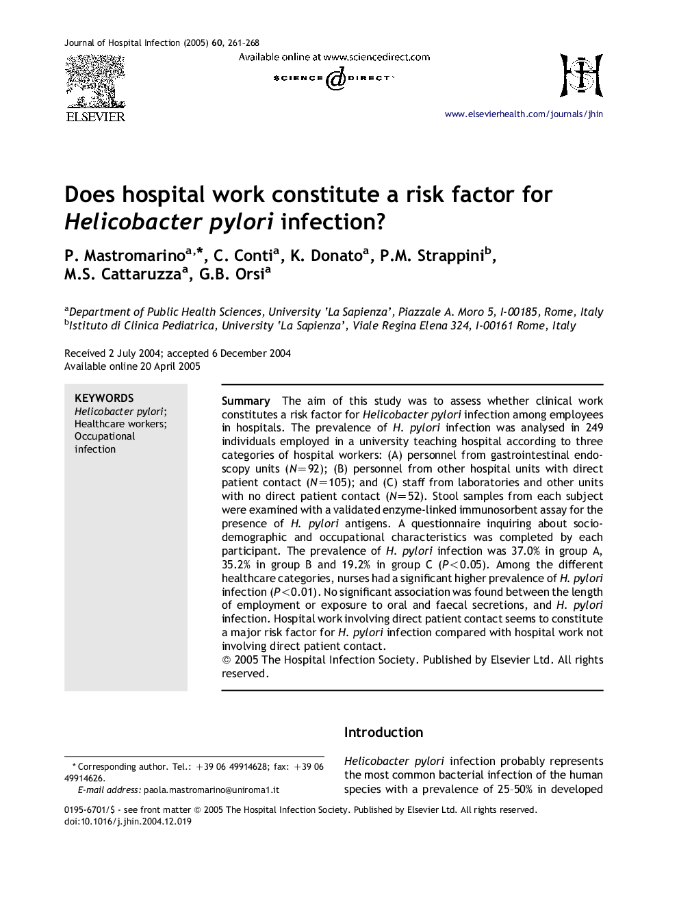 Does hospital work constitute a risk factor for Helicobacter pylori infection?