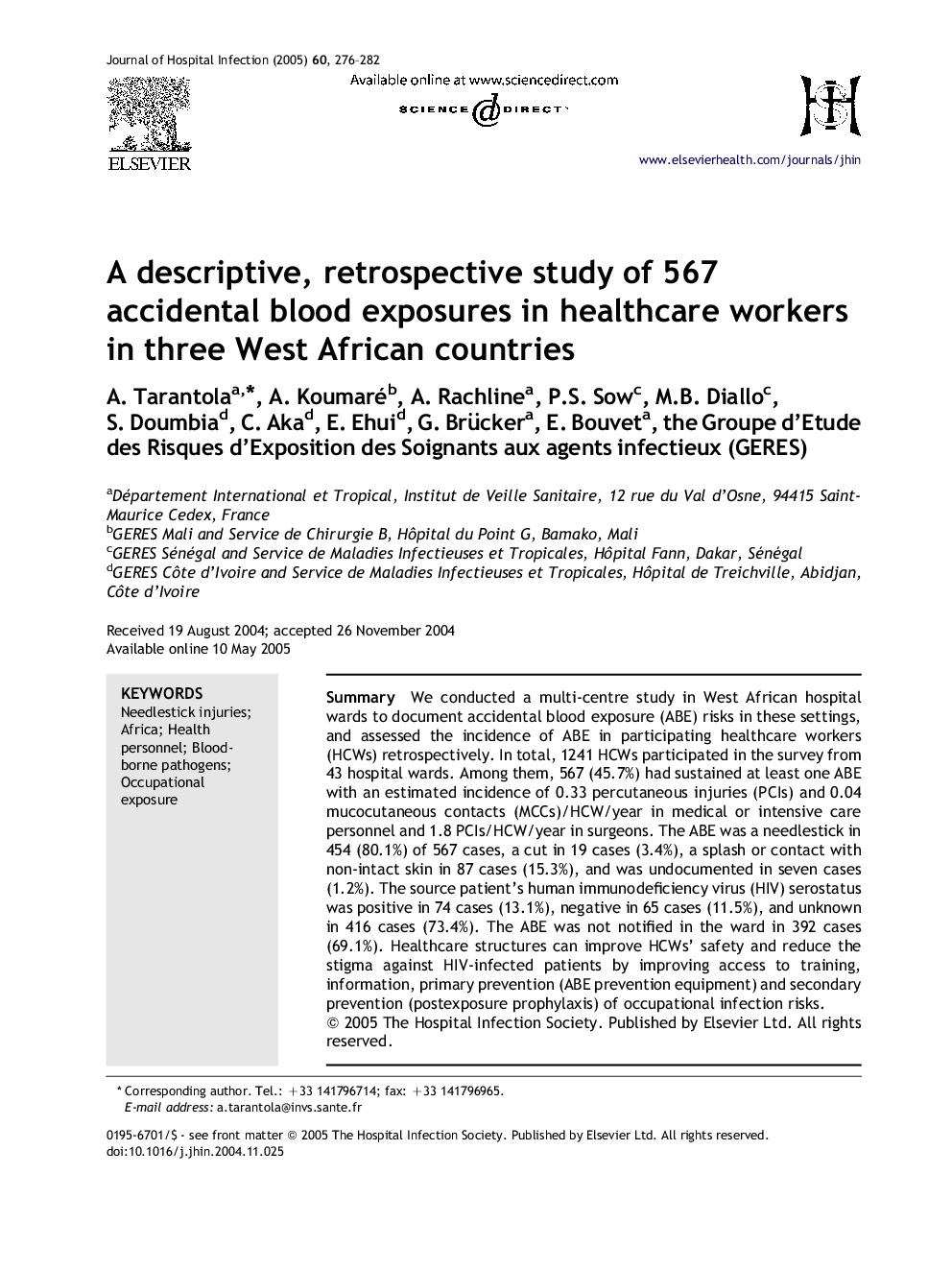 A descriptive, retrospective study of 567 accidental blood exposures in healthcare workers in three West African countries