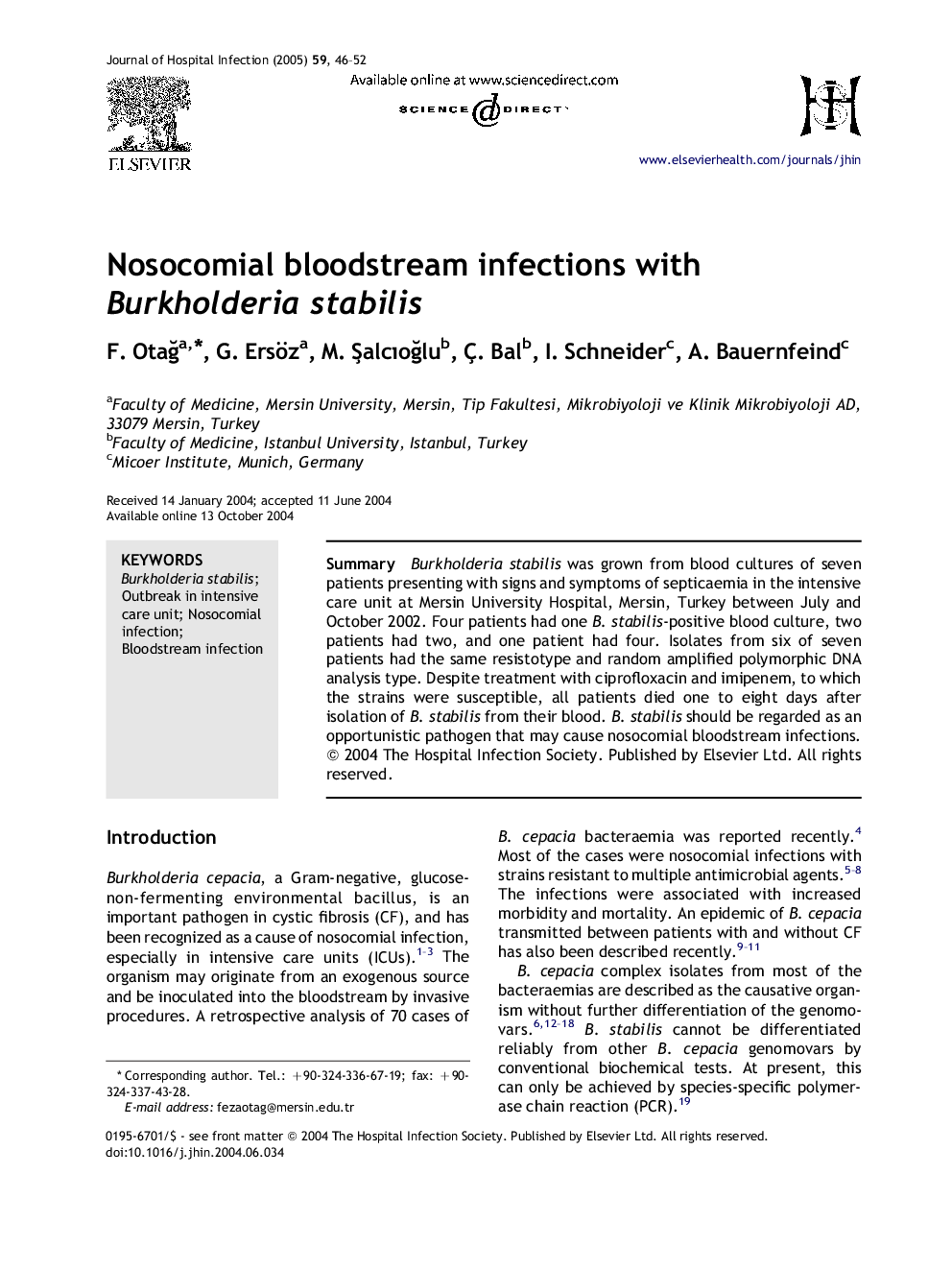 Nosocomial bloodstream infections with Burkholderia stabilis