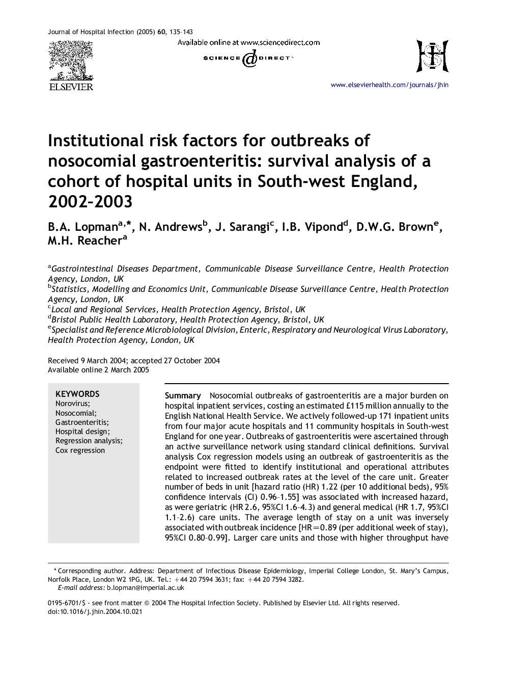 Institutional risk factors for outbreaks of nosocomial gastroenteritis: survival analysis of a cohort of hospital units in South-west England, 2002-2003