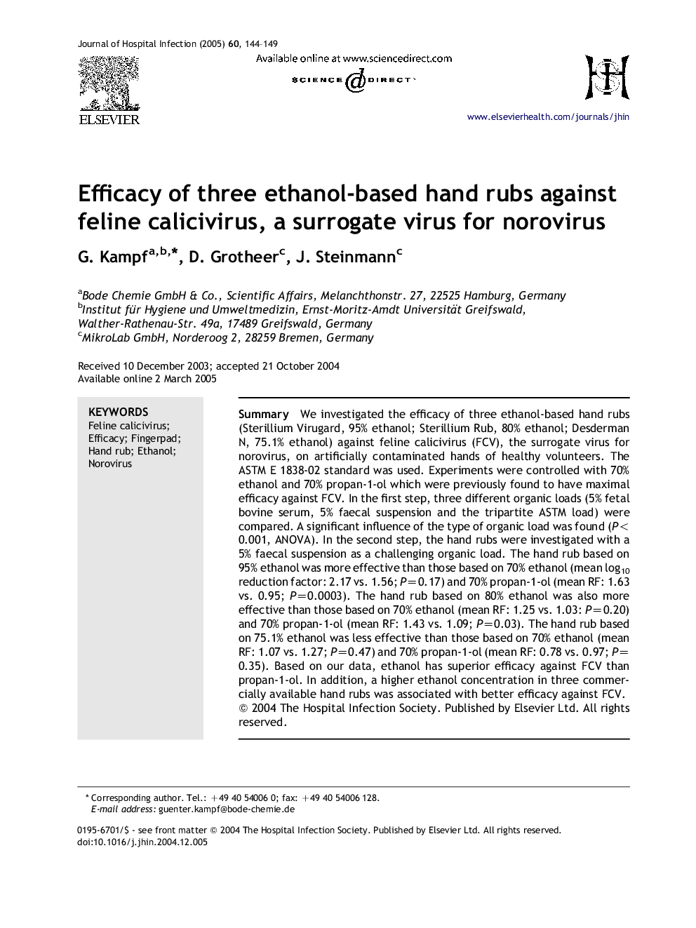 Efficacy of three ethanol-based hand rubs against feline calicivirus, a surrogate virus for norovirus