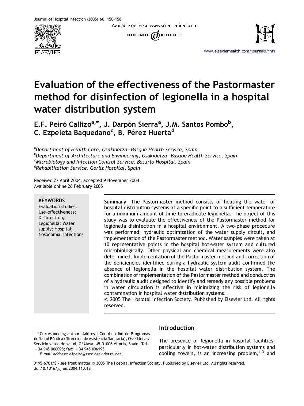 Evaluation of the effectiveness of the Pastormaster method for disinfection of legionella in a hospital water distribution system