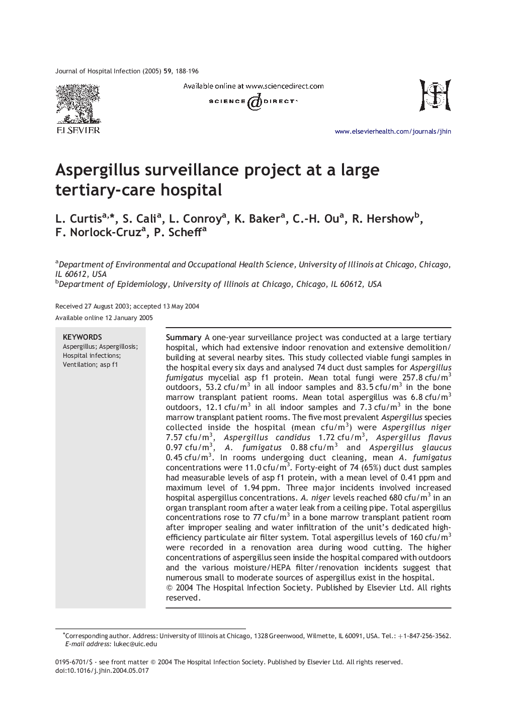 Aspergillus surveillance project at a large tertiary-care hospital