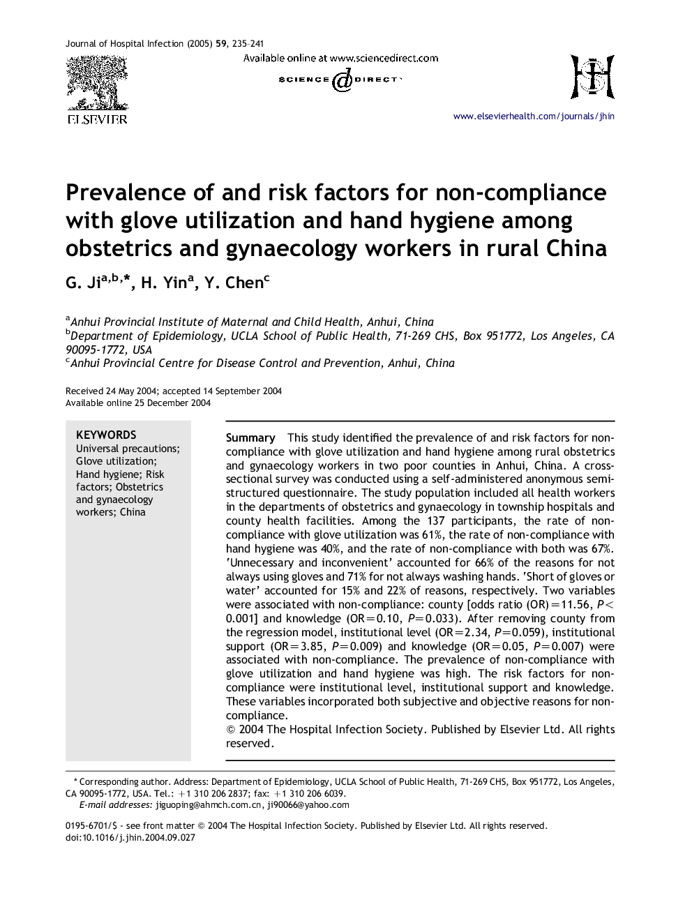 Prevalence of and risk factors for non-compliance with glove utilization and hand hygiene among obstetrics and gynaecology workers in rural China