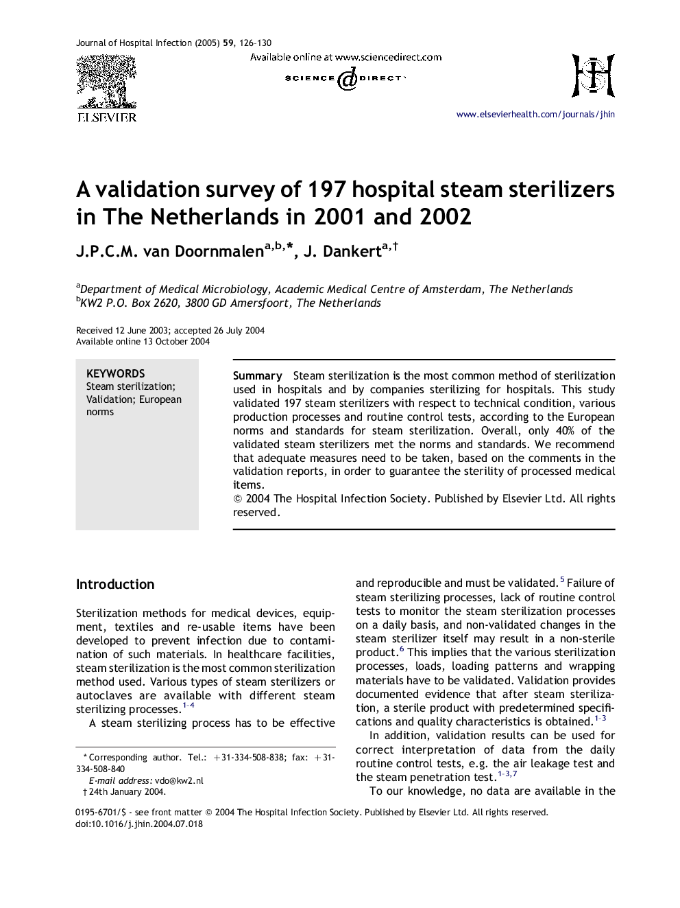 A validation survey of 197 hospital steam sterilizers in The Netherlands in 2001 and 2002
