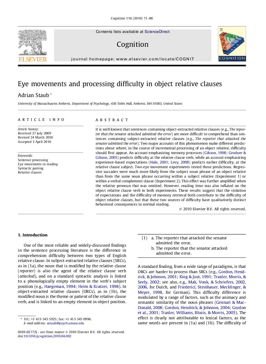 Eye movements and processing difficulty in object relative clauses