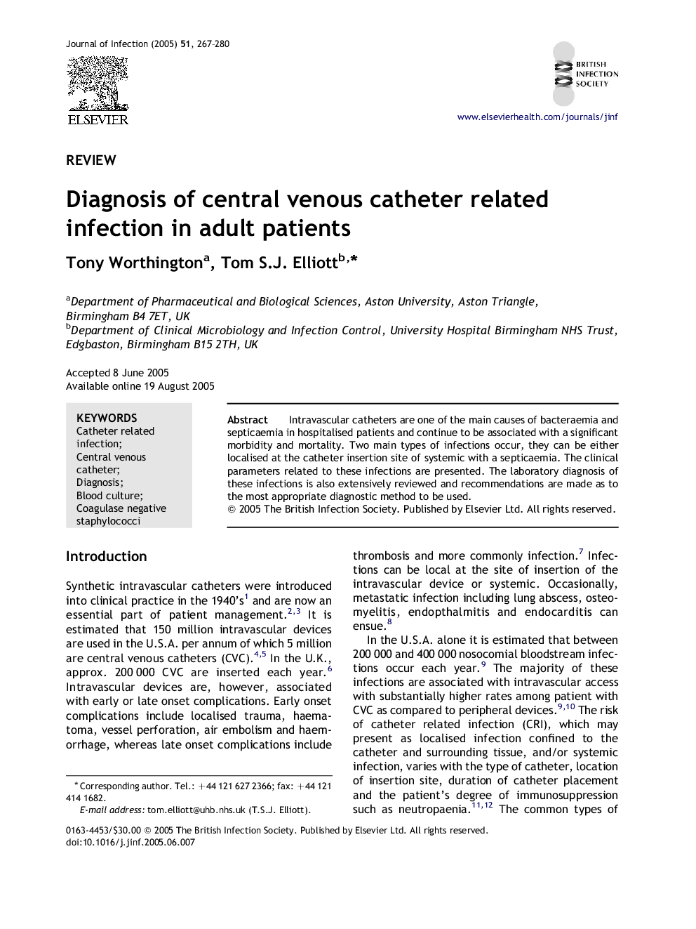 Diagnosis of central venous catheter related infection in adult patients