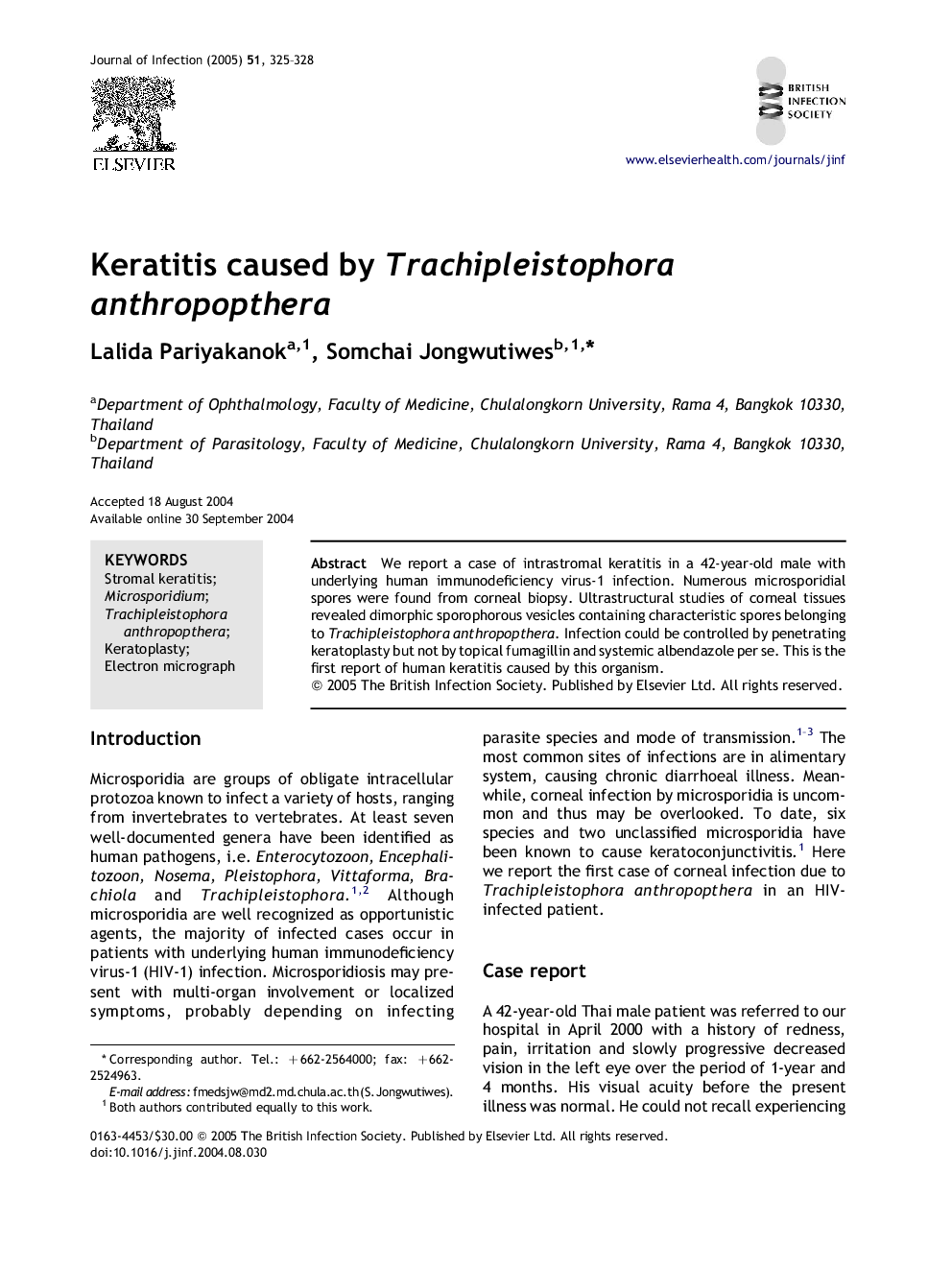 Keratitis caused by Trachipleistophora anthropopthera