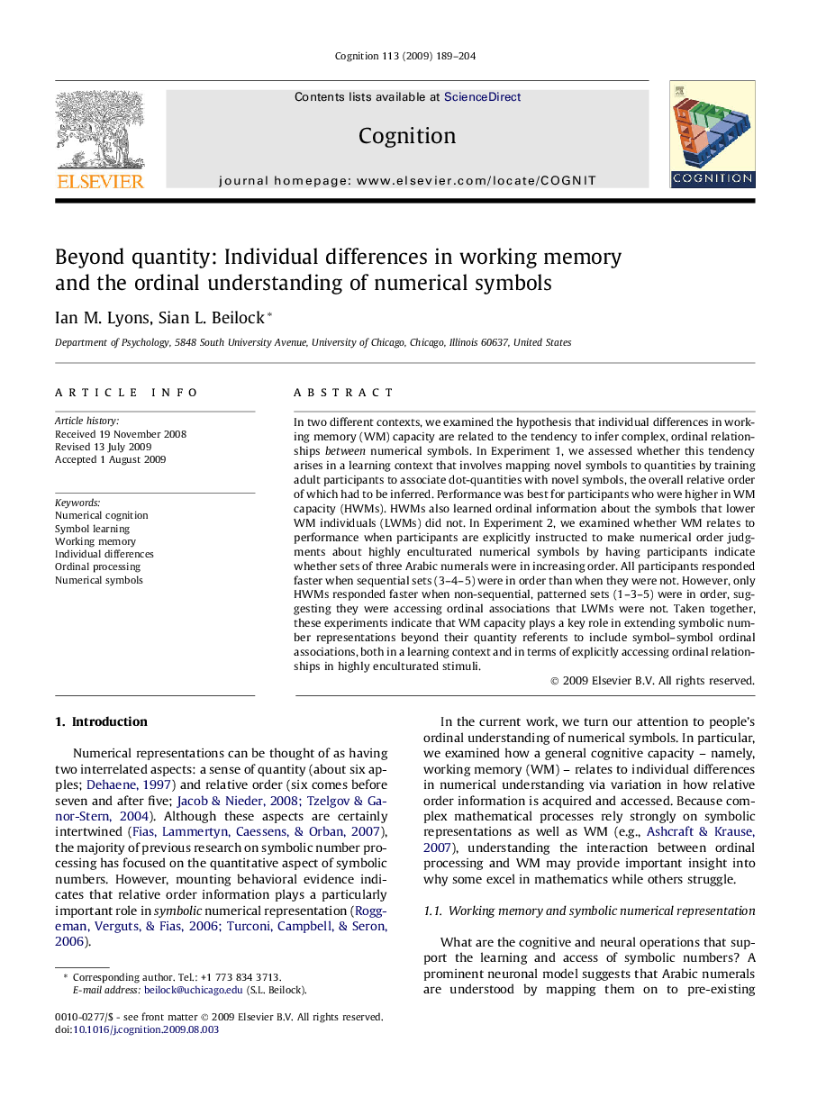 Beyond quantity: Individual differences in working memory and the ordinal understanding of numerical symbols