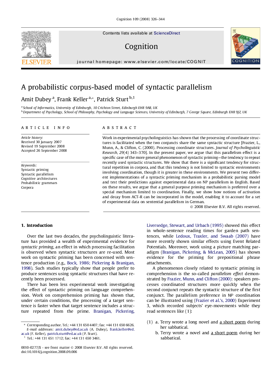 A probabilistic corpus-based model of syntactic parallelism