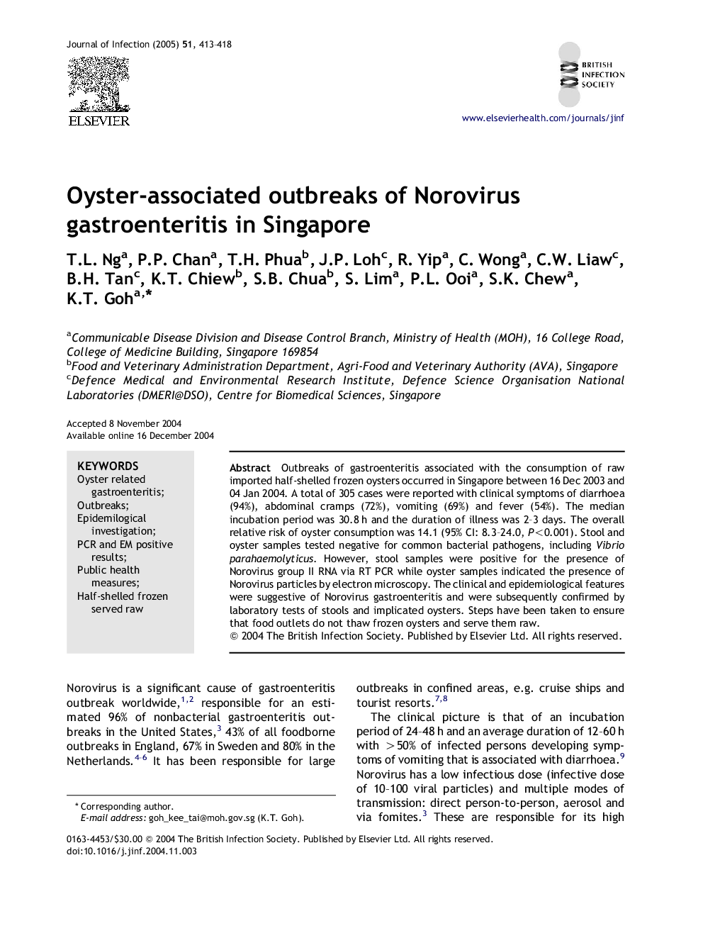 Oyster-associated outbreaks of Norovirus gastroenteritis in Singapore