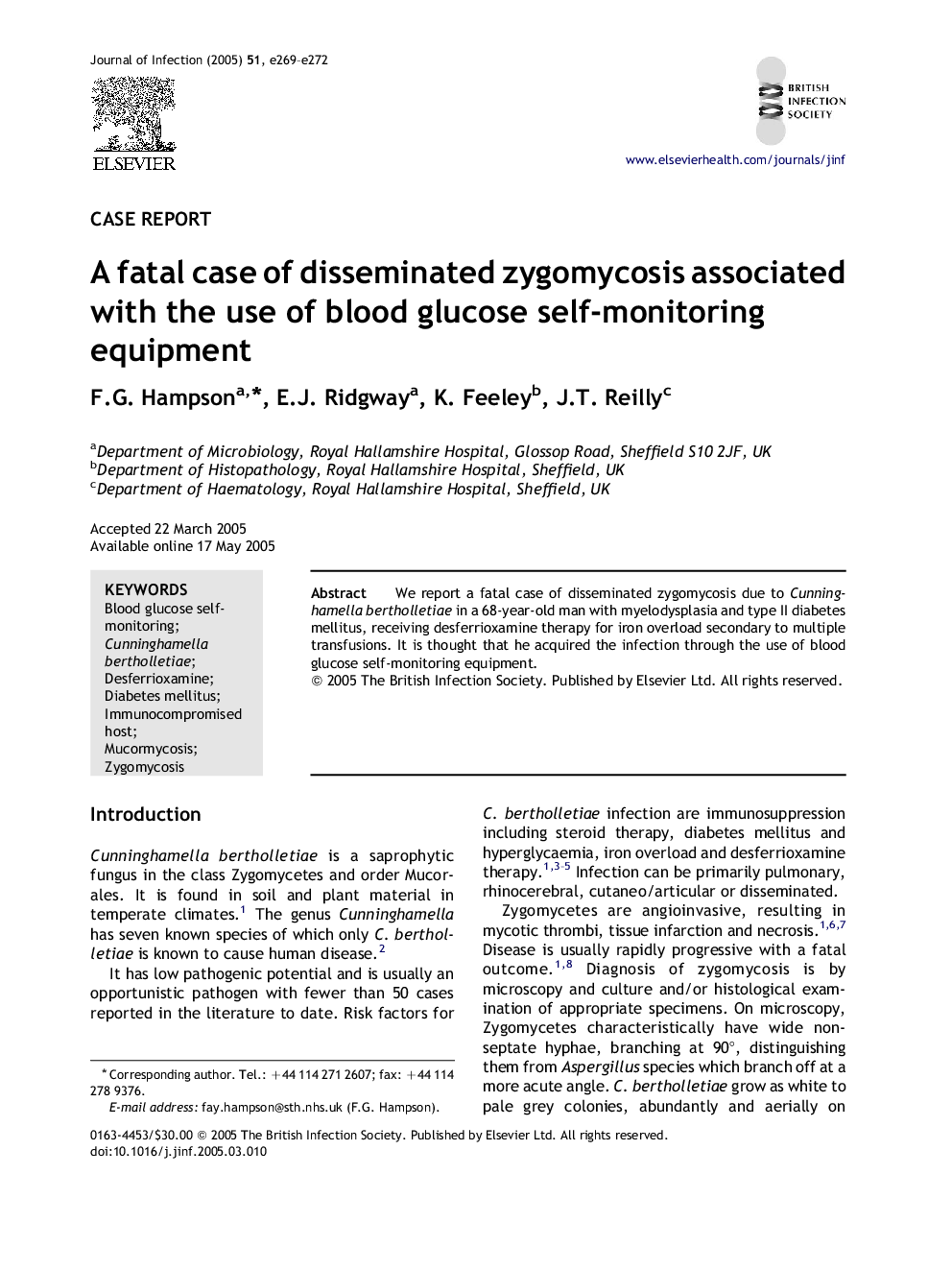 A fatal case of disseminated zygomycosis associated with the use of blood glucose self-monitoring equipment